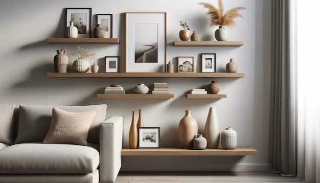 Floating shelves in living room